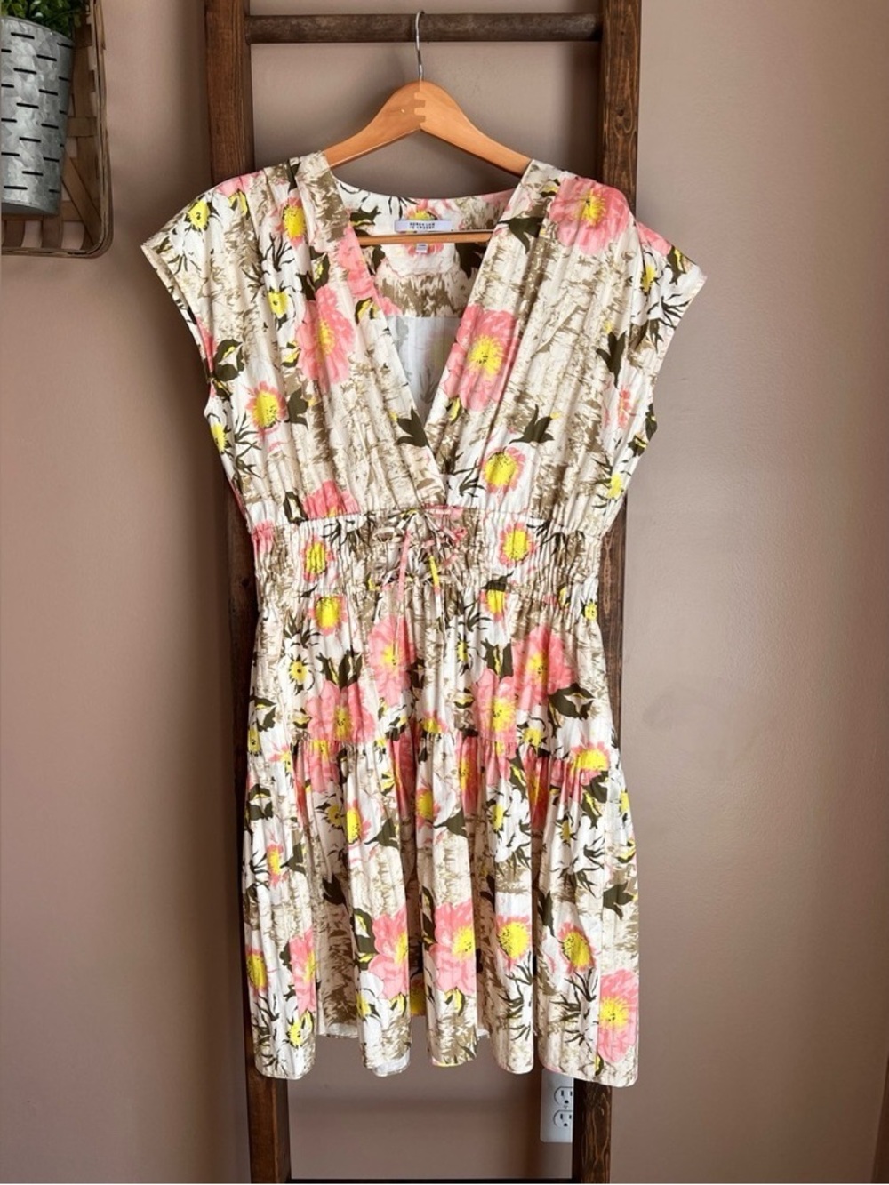 Floral Smocked-Waist Midi Dress in Pink and Cream